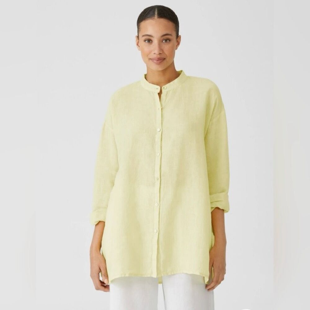 Eileen Fisher Garment-Dyed Organic Handkerchief Linen Shirt Size Medium Citrus
